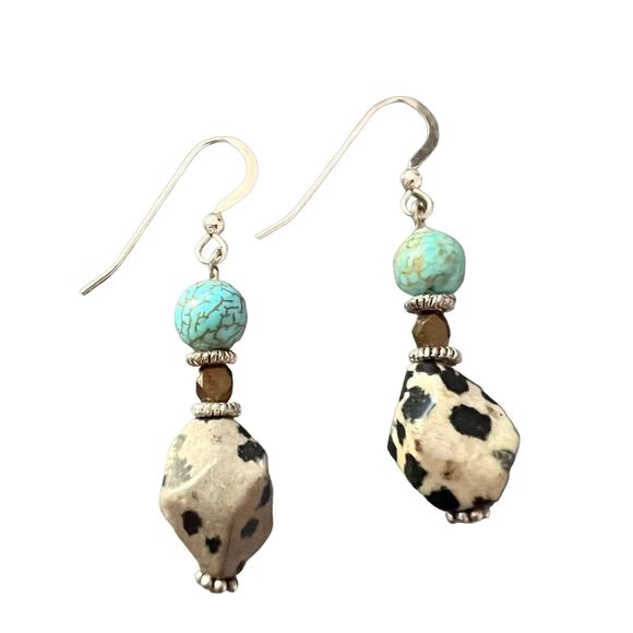 925 Sterling Silver Natural Stone DALMATIAN JASPER Earrings - Picture 1 of 7